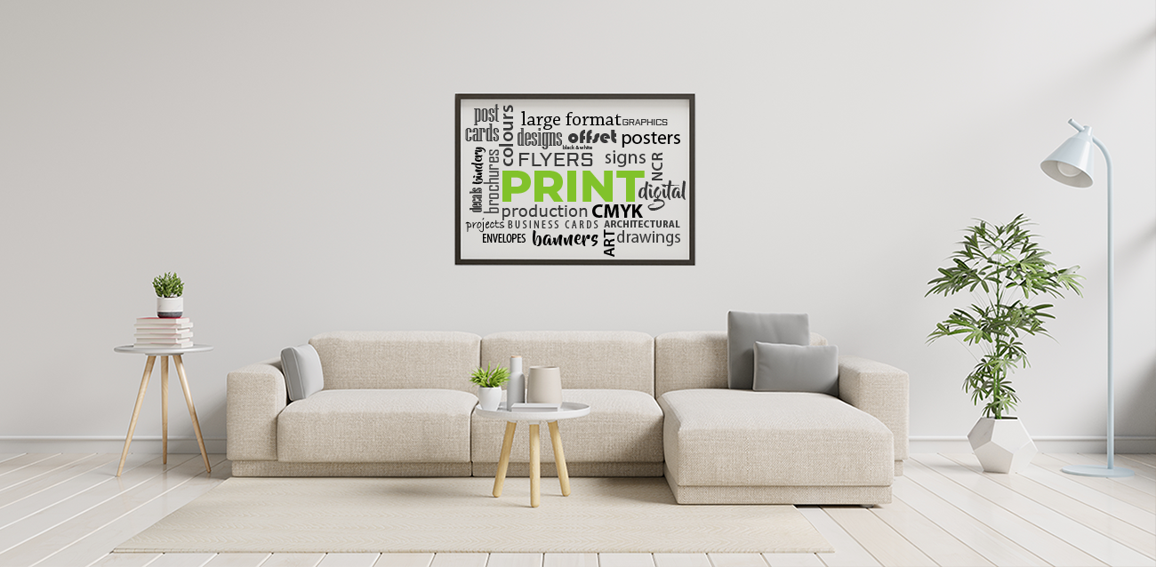 living room with "print" tableau