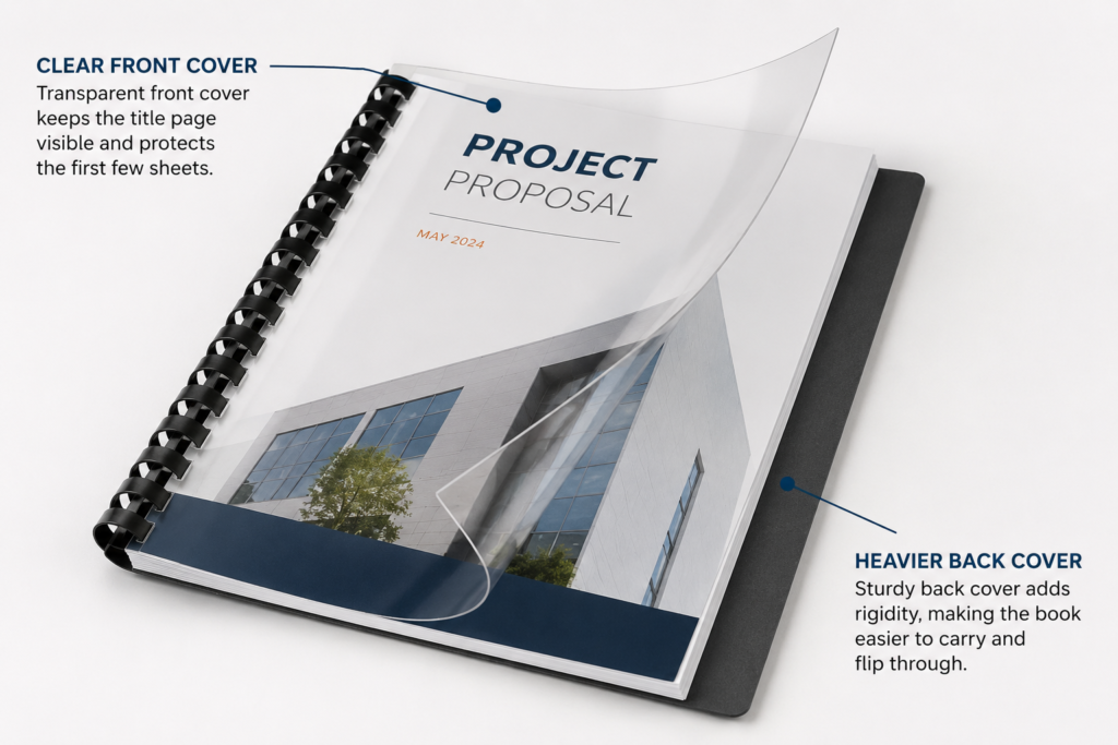 Clear front cover and heavier back cover