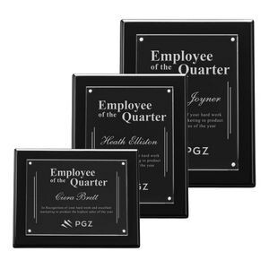 Employee recognition plaques set with engraved titles.