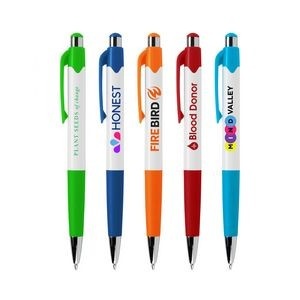 Assorted click pens with custom logos in multiple colors.