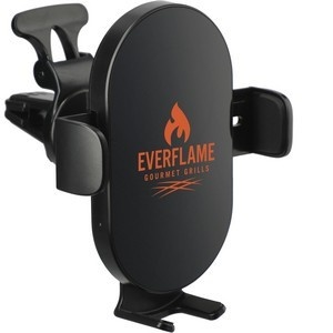 Branded car phone mount with logo on the front.