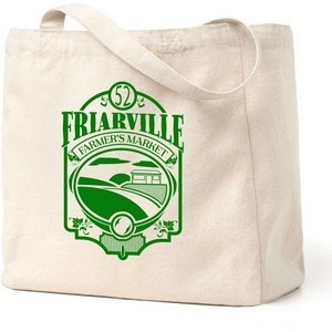 Reusable tote bag with a printed green logo.