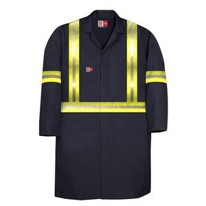 High-visibility work shirt with reflective stripes and company branding.