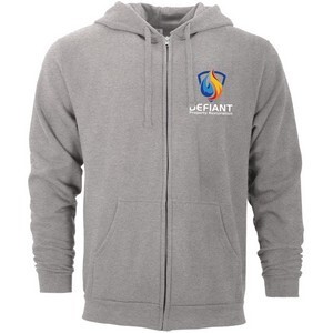 Grey zip hoodie with embroidered or printed chest logo.