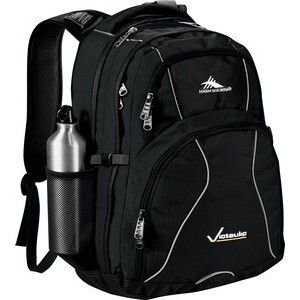 Branded black backpack with side water bottle pocket.