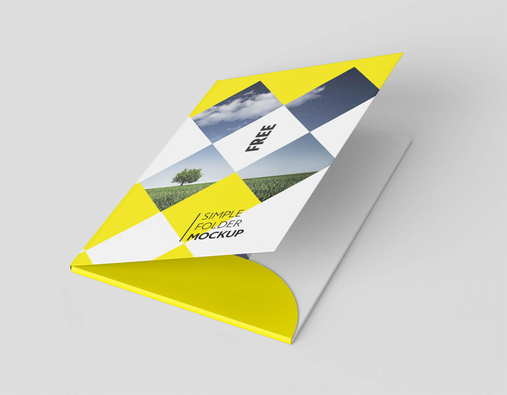Branded presentation folder mockup with geometric pattern and pocket folder layout