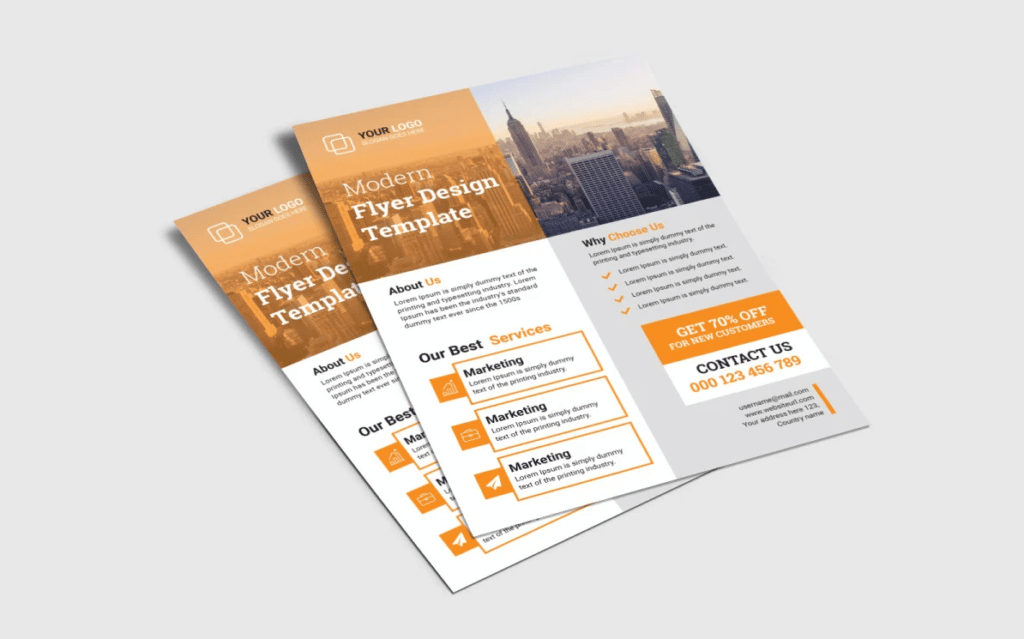 Overlapping marketing flyers and handouts with a city photo header and orange accents