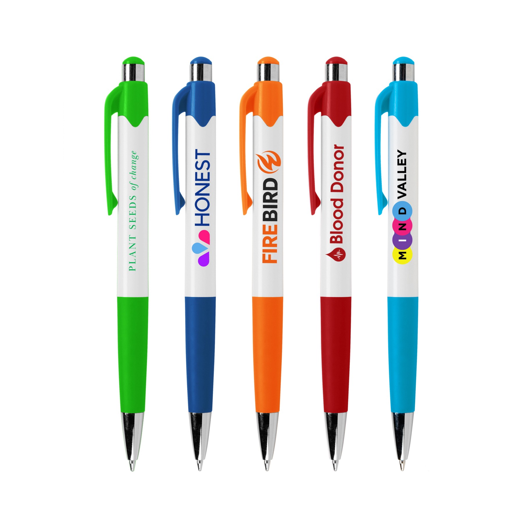 Assorted click pens with custom logos in multiple colors.