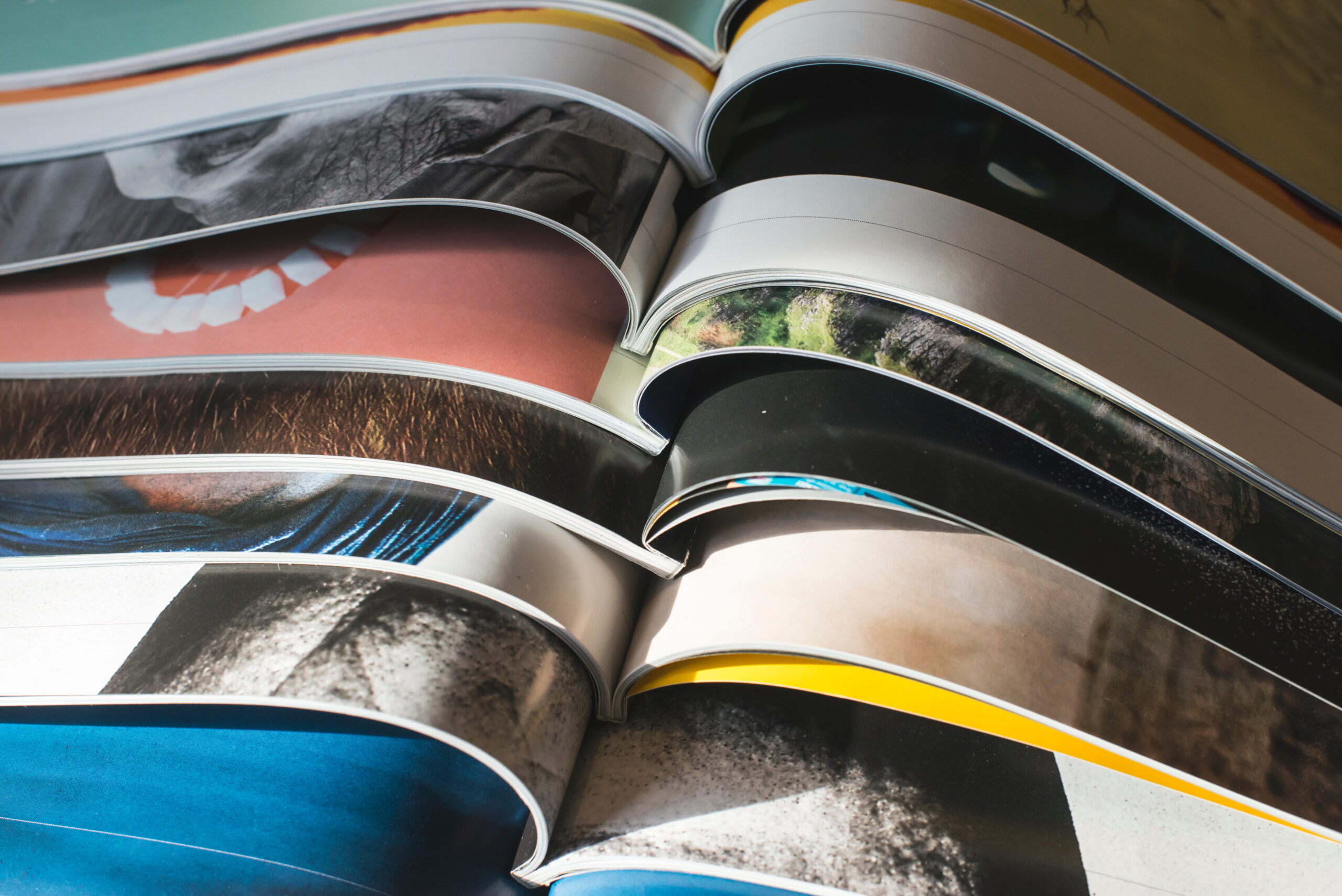 Many opened journals with perfect binding. Sun light.