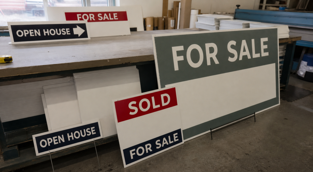 Real estate sign sizes and riders prepared in a local print shop