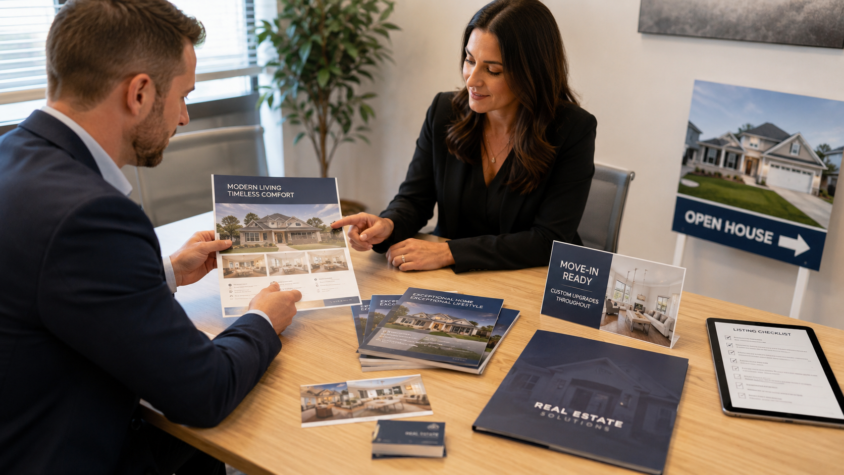Real estate marketing discussion in office