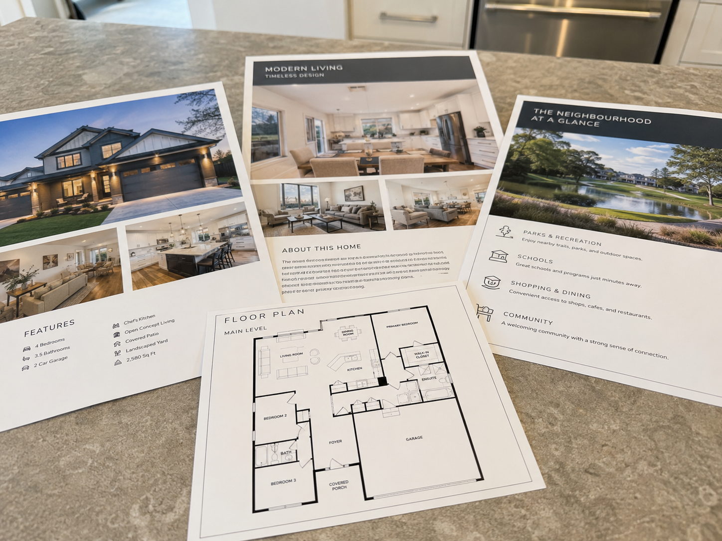 Real estate marketing materials on countertop