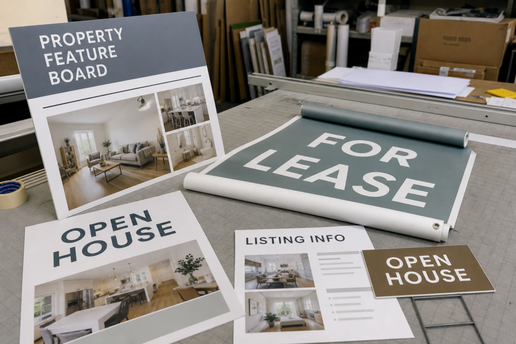 Real estate sign materials including banners posters mounted boards and coroplast signs
