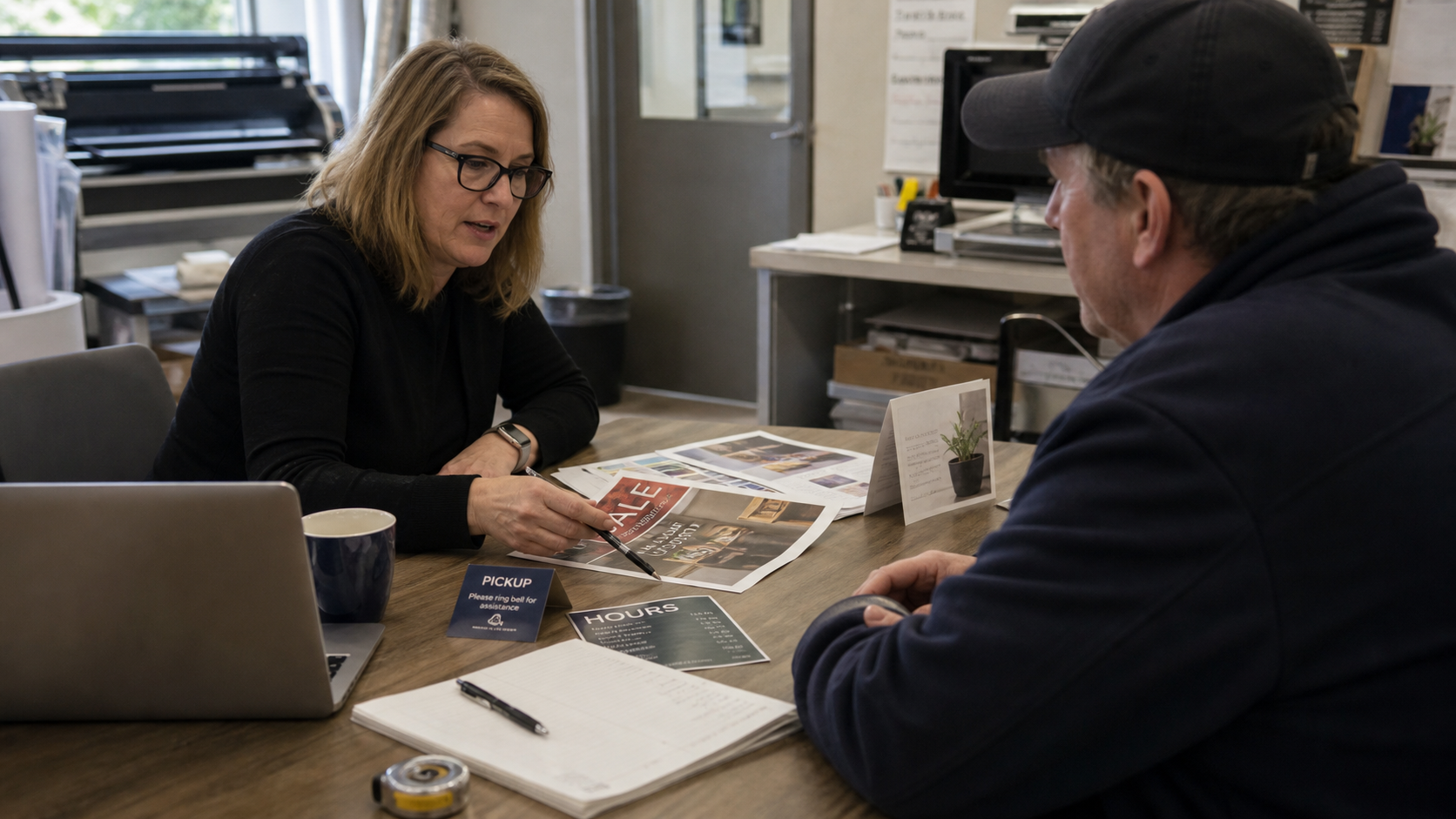 Retail print consultation inside a print shop, with flyers, posters, sale signs, pickup sign, store hours, and design proofing. No real estate materials.