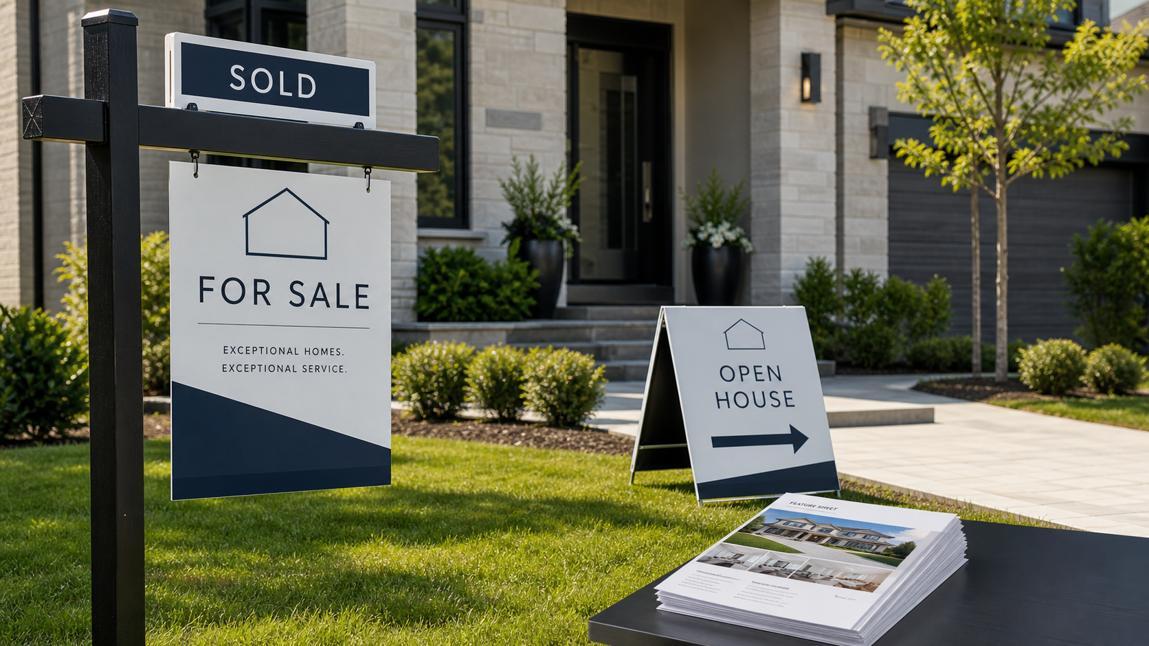 image shows one main real estate sign, one rider, one open house sign, and a small stack of feature sheets. Much cleaner and more believable for the hero.