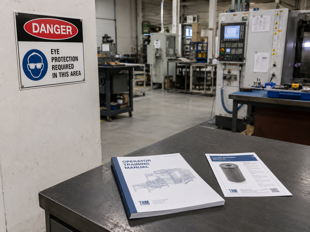 Industrial workspace with safety signage
