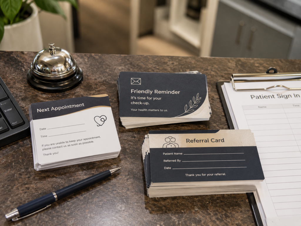 Printed appointment cards, referral cards, and patient reminder materials on a clinic reception desk.