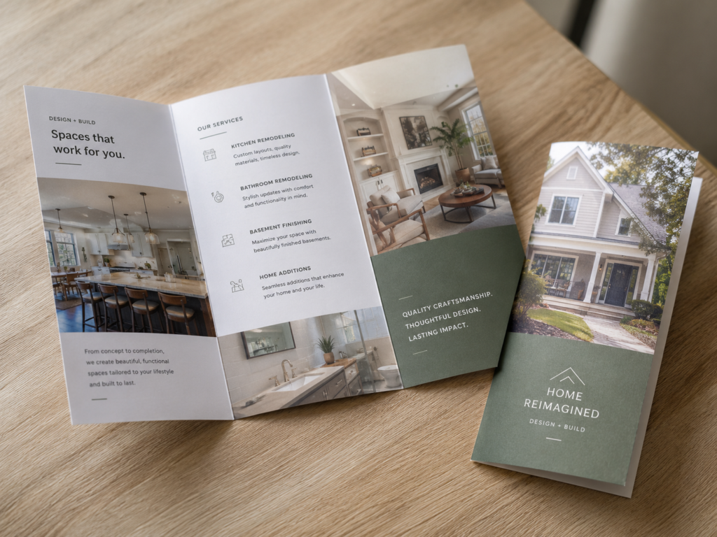 Professionally printed tri fold brochures with service information, photos, and branded layouts.
