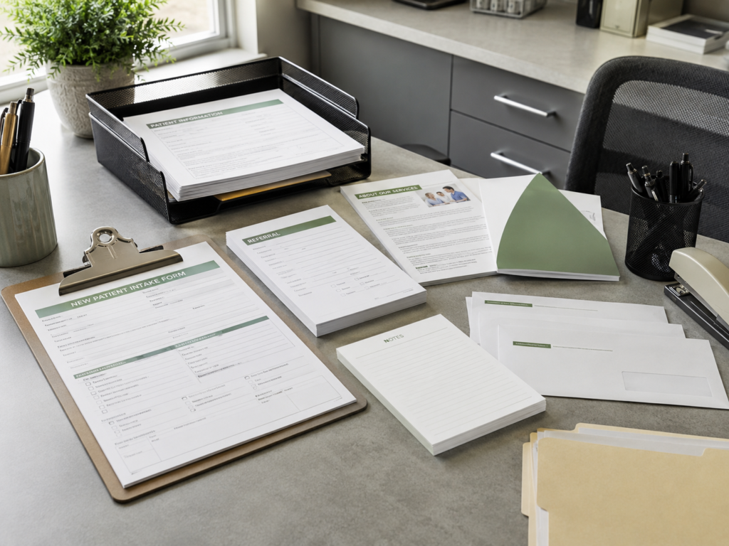 Printed patient intake forms, referral pads, letterhead, envelopes, and office materials for a healthcare clinic.