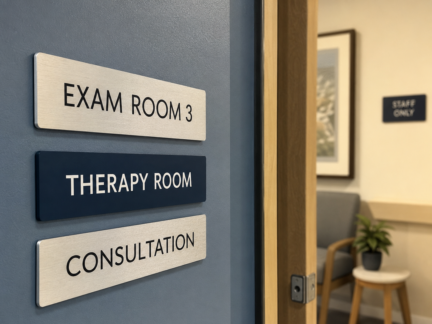 Printed exam room, therapy room, consultation, and staff area signs mounted in a healthcare facility.