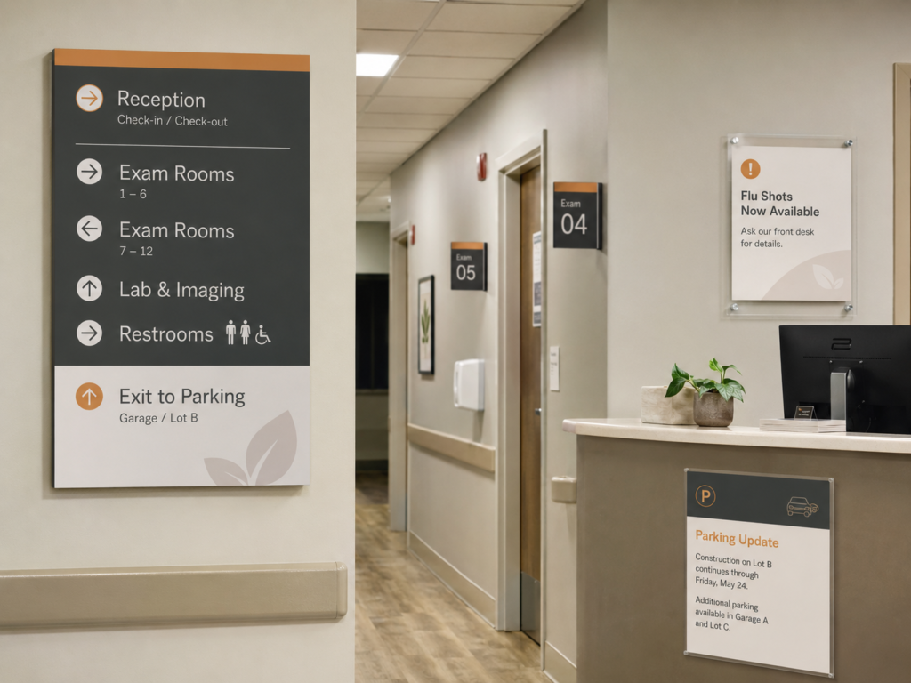 Printed clinic wayfinding signs, room signs, reception directions, and temporary notices in a healthcare facility.