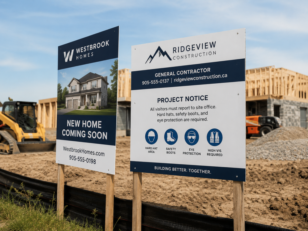 Printed contractor branding and project notice signs installed at an active residential construction site