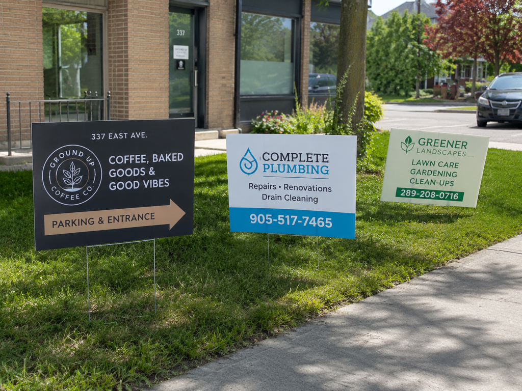 Custom coroplast lawn signs for local businesses, services, promotions, and storefront advertising in Hamilton.