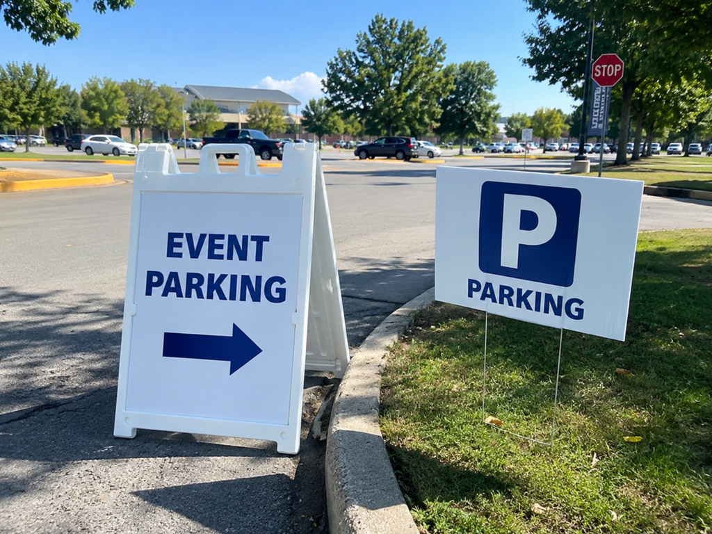 Temporary event parking and directional coroplast signs placed near a parking lot entrance.