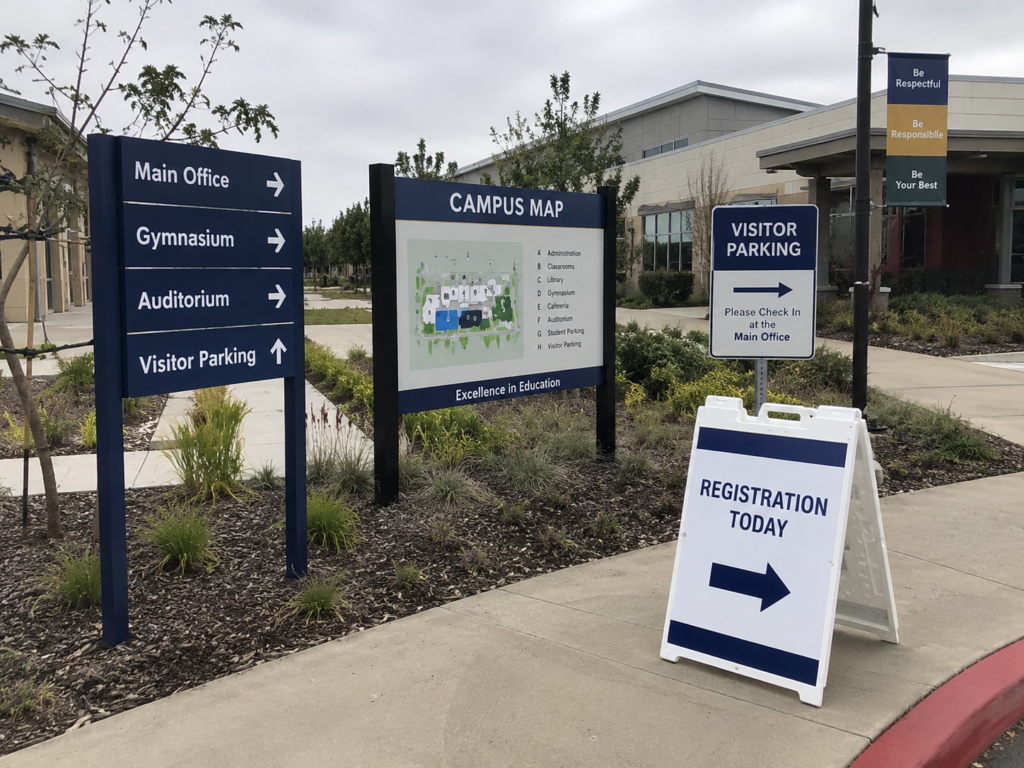 School campus map, visitor parking sign, registration sign, and directional wayfinding signs