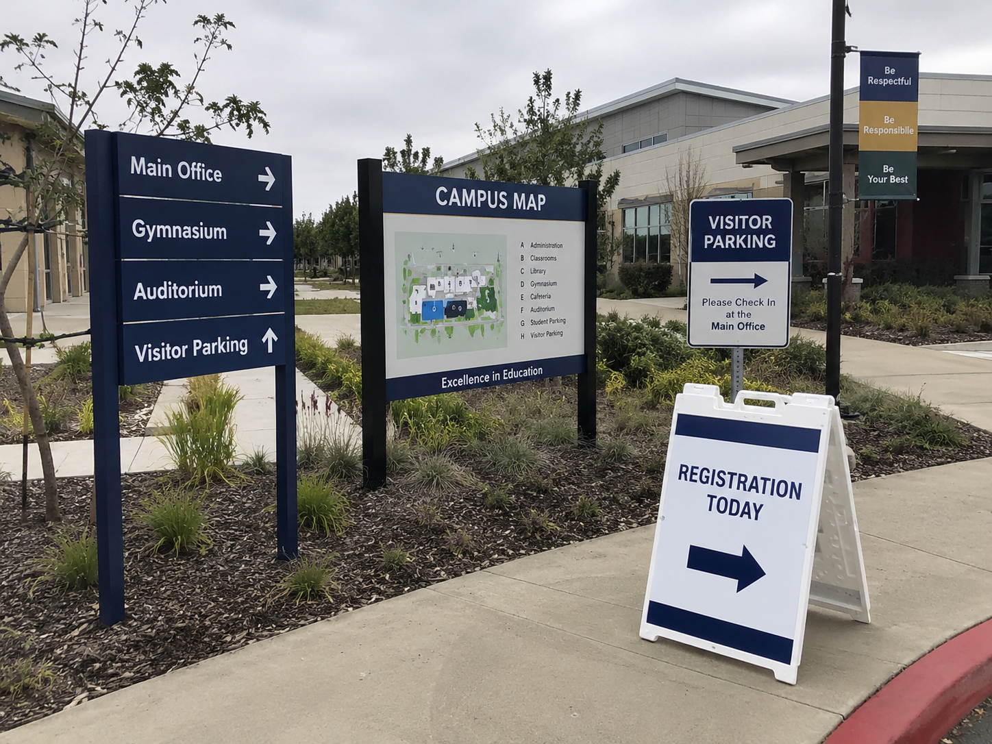 School campus map, visitor parking sign, registration sign, and directional wayfinding signs