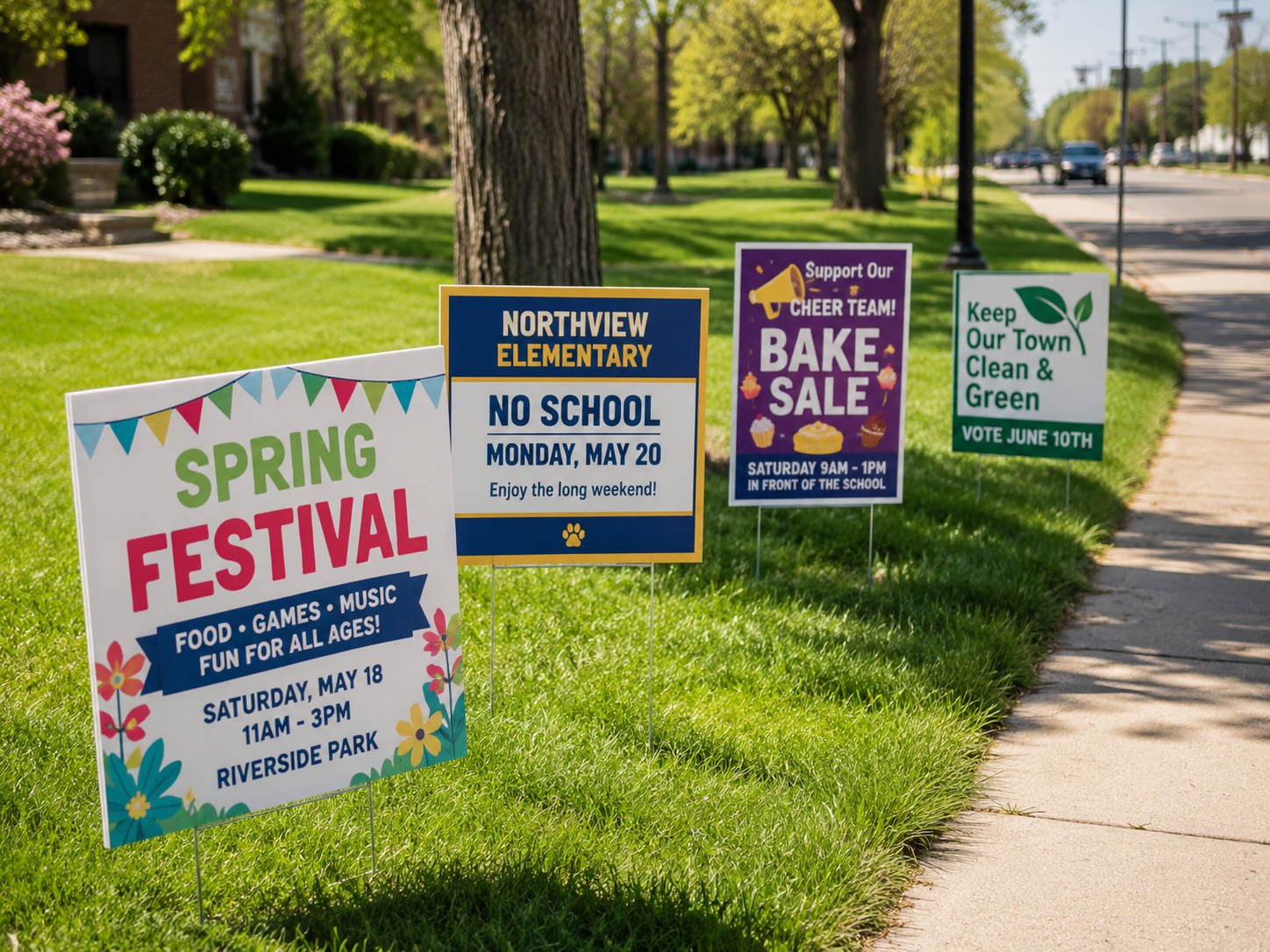Colourful yard signs promoting a community festival, school notice, fundraiser, and local campaign.