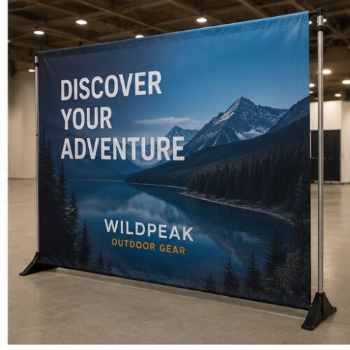 Large fabric banner display with a matte printed finish used at an indoor event or exhibition.