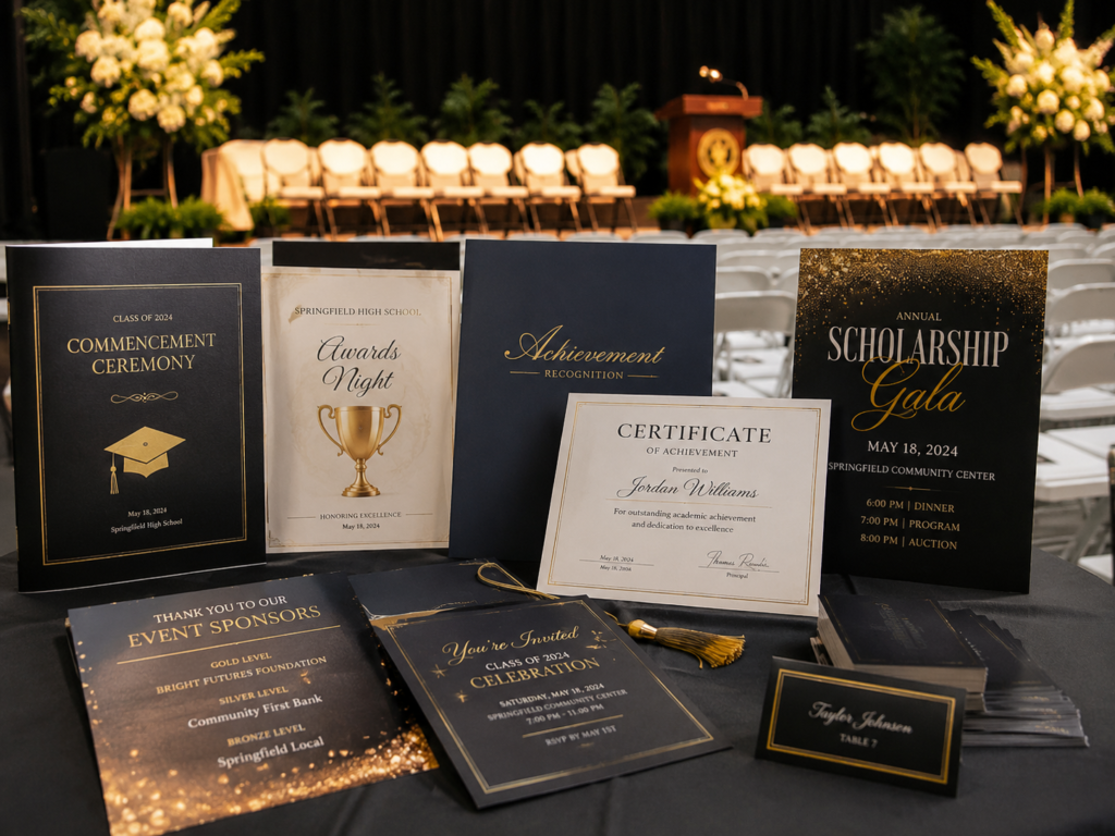 Graduation programs, achievement certificates, invitations, sponsor materials, and event name cards