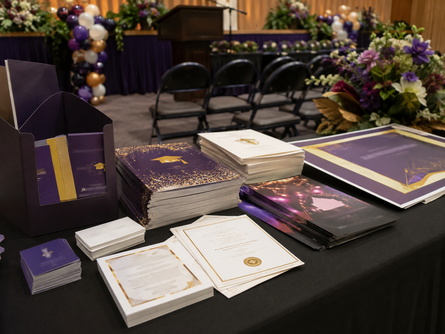 Graduation programs, certificates, invitations, sponsor signs, and event materials displayed at a ceremony