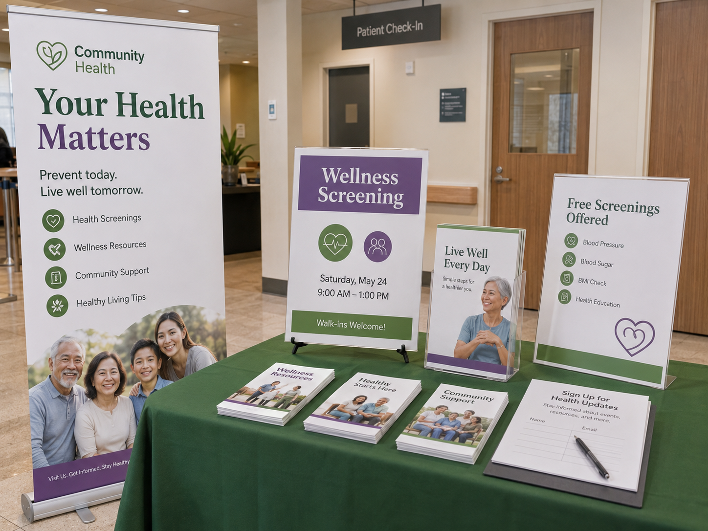 Printed healthcare campaign banner, posters, brochures, and event displays for a community wellness program.