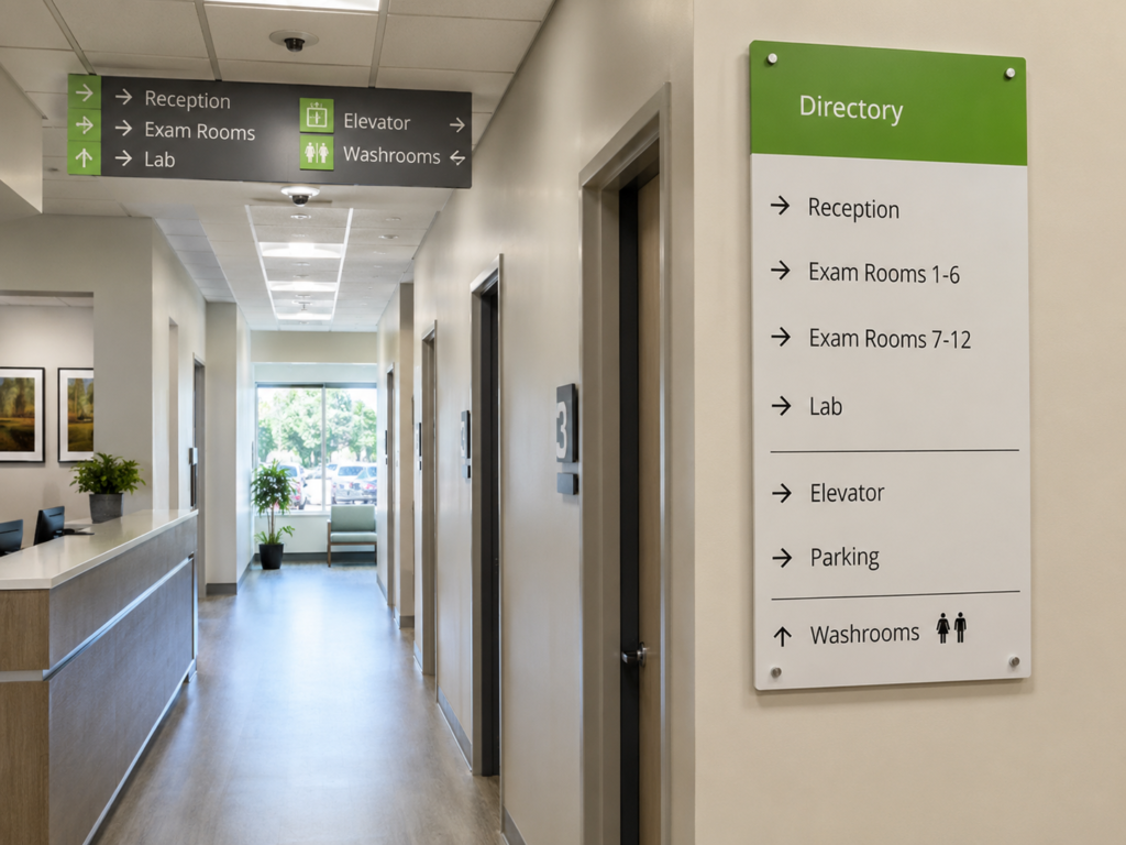 Healthcare wayfinding signs directing patients to reception, exam rooms, elevators, parking, and washrooms