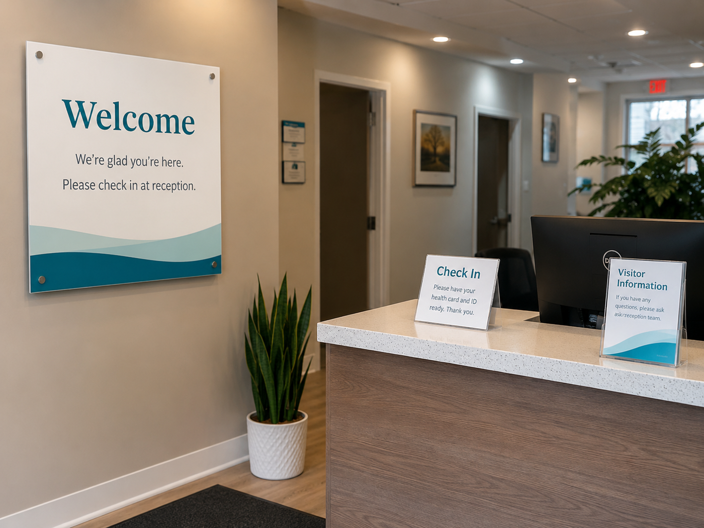 Printed welcome, reception, check in, and visitor information signs displayed in a healthcare clinic.