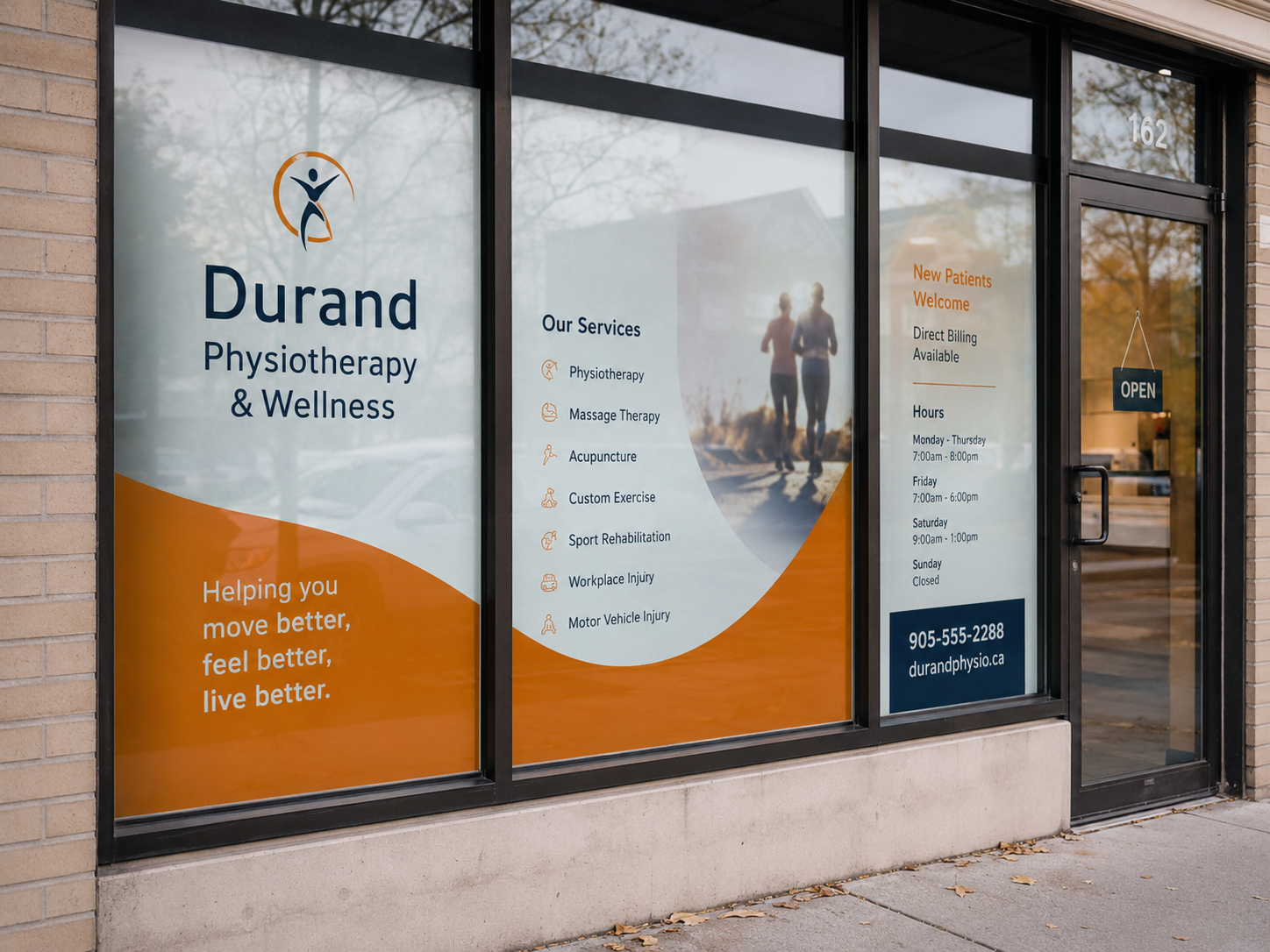 Printed vinyl window graphics showing a healthcare clinic name, services, hours, and patient information.