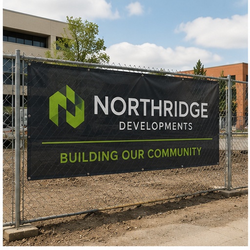 Printed mesh banner attached to a construction fence for outdoor branding and project advertising.