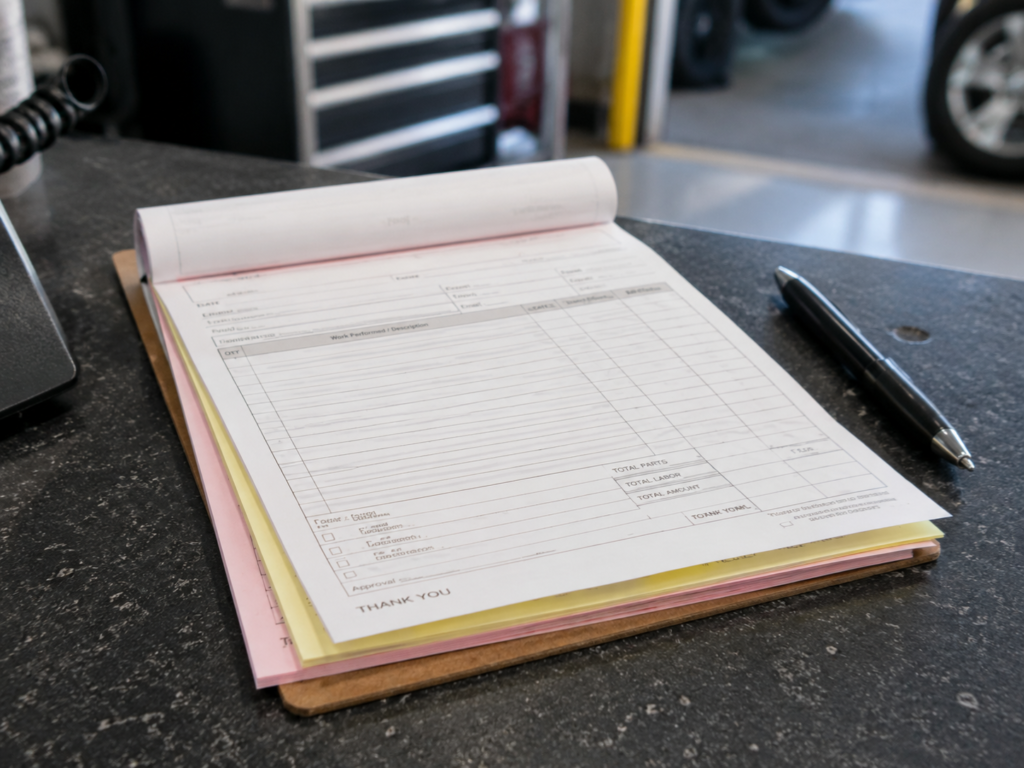 Carbonless NCR forms with duplicate and triplicate sheets used for work orders, invoices, and service records.