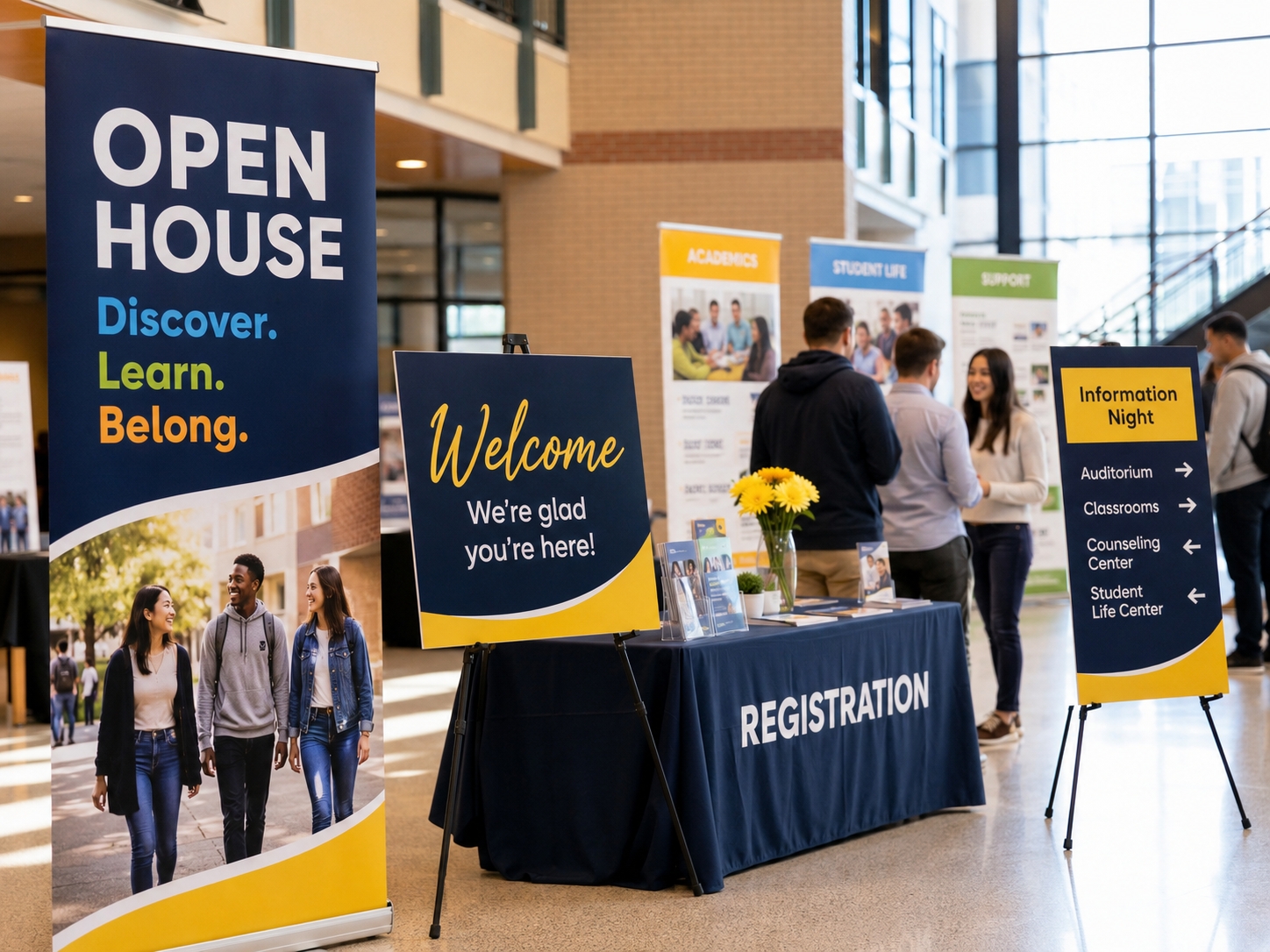 Pull-up banners, welcome signs, and registration displays inside a school open house