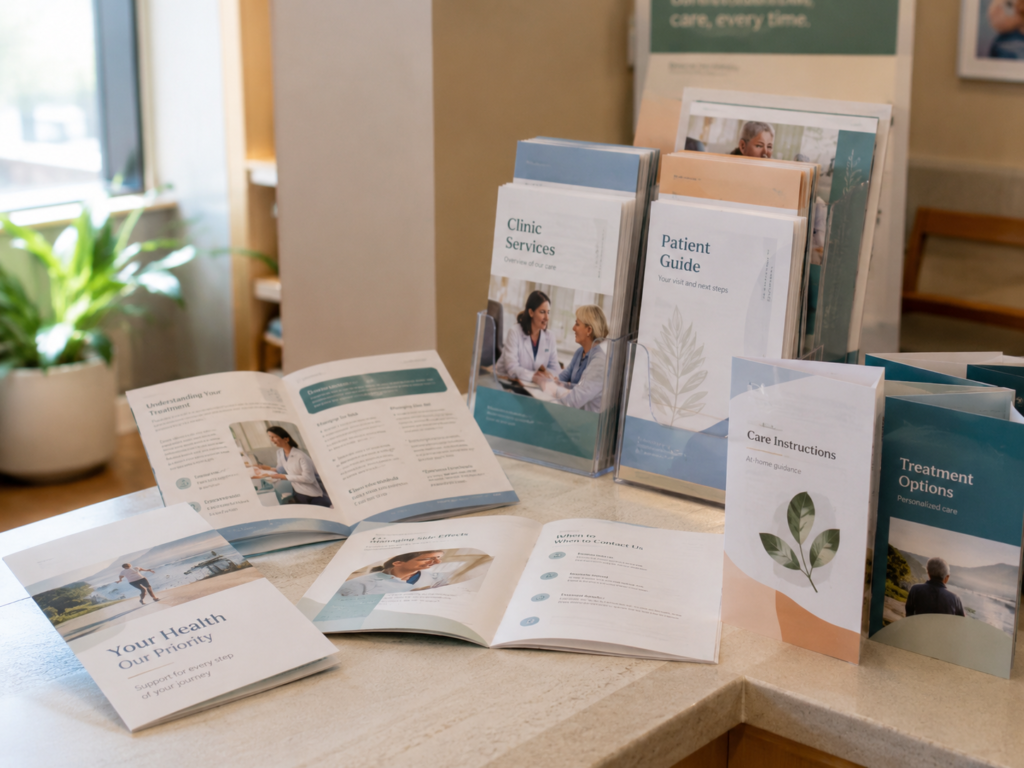 Printed patient brochures, treatment guides, and clinic information materials displayed at a healthcare reception area.