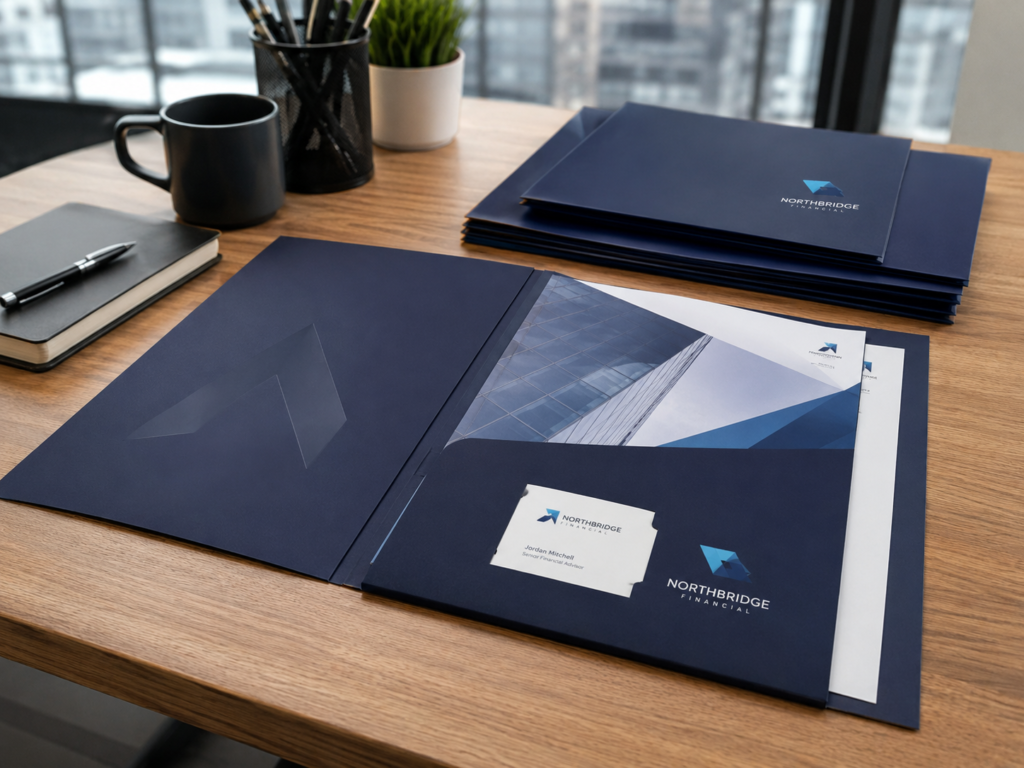Branded presentation folders with document pockets and business card slots arranged on an office desk.