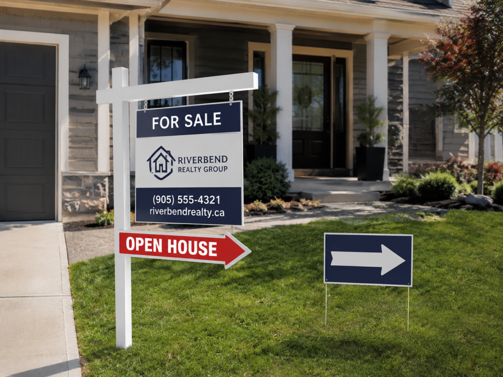 Real estate for sale sign with an open house rider and directional yard sign in front of a suburban home.