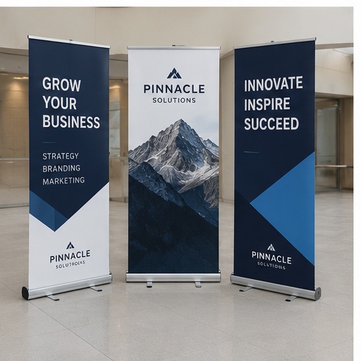 Retractable banner stands displaying branded business graphics in a professional lobby or event space.
