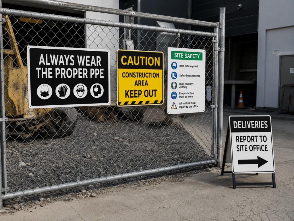 Printed construction safety and compliance signs mounted at a job site entrance and perimeter fence.