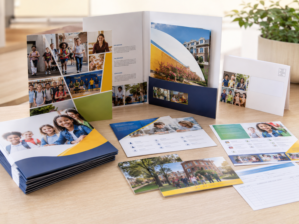 Admissions guides, enrolment brochures, flyers, invitations, postcards, and application materials
