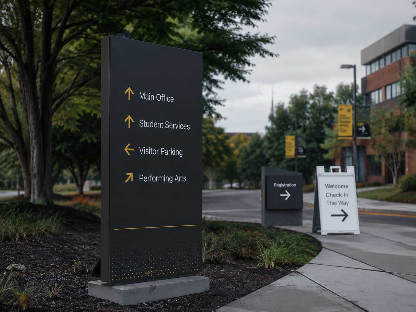 Outdoor school campus directional signs for offices, parking, registration, and student services