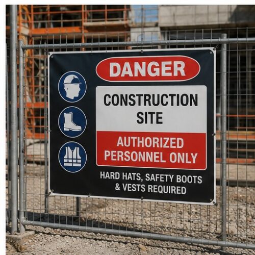 Construction site safety banner mounted on a fence with clear warning and protective equipment requirements.