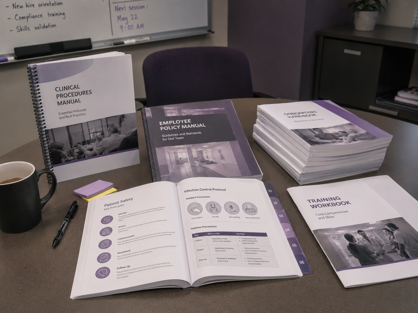 Printed healthcare policy manuals, training workbooks, onboarding guides, and procedure booklets in multiple binding styles.